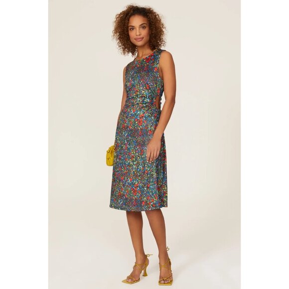 Louna Floral Sleeveless Midi Dress With Side Cut-Outs & Adjustable Ties - Multic - Picture 2 of 9